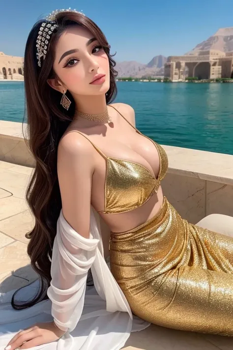 Highest quality　Close Angle　Arabian Makeup　Beautiful Middle Eastern Woman　Voluptuous and glamorous body　oasis　Beautiful lake and magnificent views