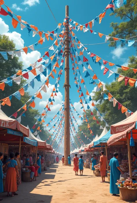 Only 20 pieces of tie-dye cloth,  Blue and white tie-dye fabric , Blue-orange tie-dye fabric,Blue and red tie-dye fabric,  A thousand flags are tied to a wooden pole., Plugged into the ground, on the left and right side of the road is a flea market selling...