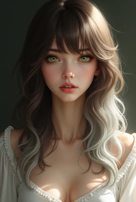 A woman with green eyes, white hair below the shoulder, with brown roots. In which the hair would be voluminous, with bangs thrown to the side, wearing a white blouse showing her shoulders, with a somewhat serious face 