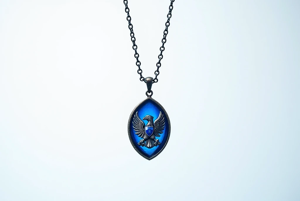 a blue ravenclaw necklace, white background, product photography