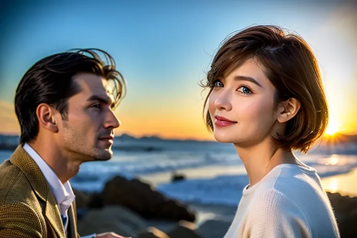 (Realistic, 超Realistic:1.4), 16k hdr, High resolution,Brown short hair,The best smile、Japanese actress,Super Beauty(Like the real thing),Short sleeve dress,Whiskey bottles、The Macallan、Johnnie Walker、、Old Parr、whiskey、Suntory、Nikka、Slim couple、Model Couple...