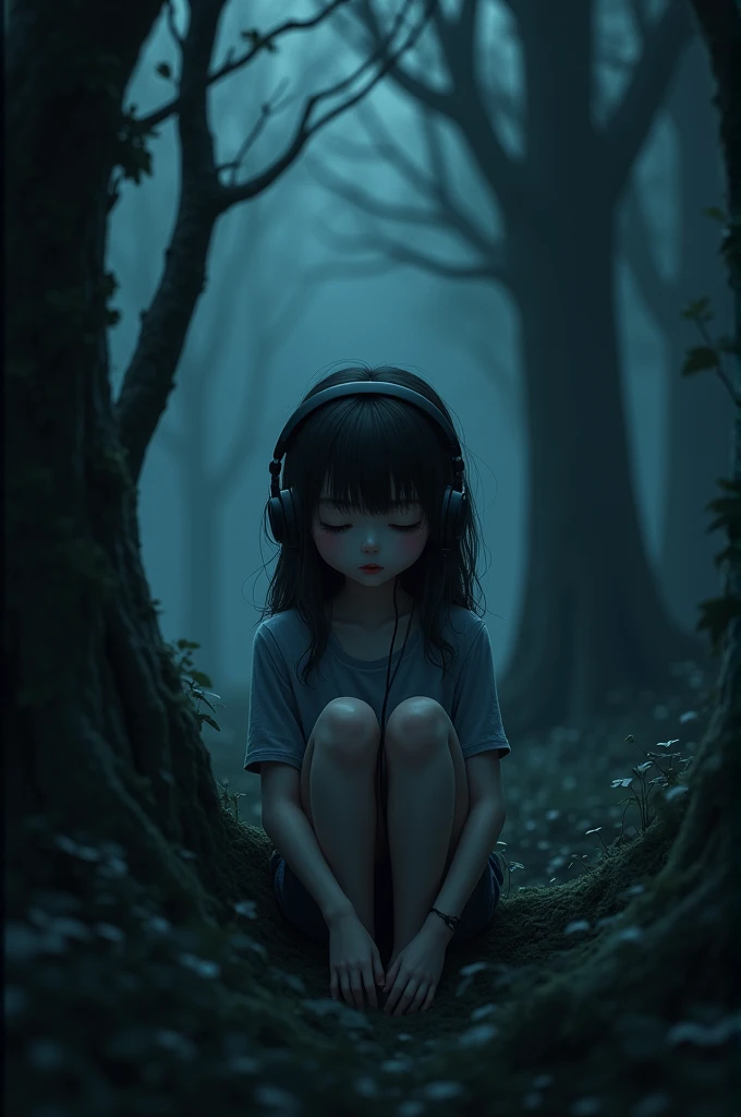 A young girl with rosy cheeks sits among the shadows of a dark forest, her headphones on as she listens to a haunting melodys