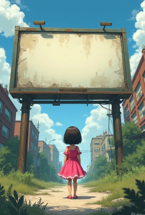 A twelve year old girl wearing a pink dress and has a short hair see an empty sign board