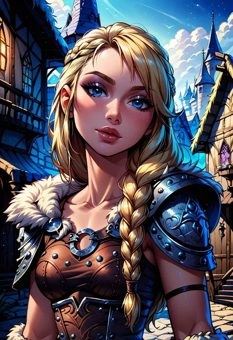 Dark Fantasy Art of score_9, score_8_up, score_7_up, rating_questionable, fantasy, lighting, epiCPhoto 1girl, solo, very sexy (ASTRIDHOFFERSON, blonde hair, braid, Long hair, blue eyes, fur trim, shoulder armor, armor, pauldron:1.2), flirt, gaze, sexy look...