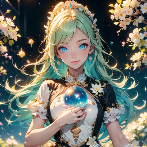 1girl,Perfect Anatomy、(((Highest quality、Masterpiece、Super detailed、Dynamic composition)))、Official Art、Anime Style、Fantasy、Absurd、Mysterious World、Milky white and blue gradient hair、Fluffy white circle hair accessory、Cute  with the best smile in soap bubb...