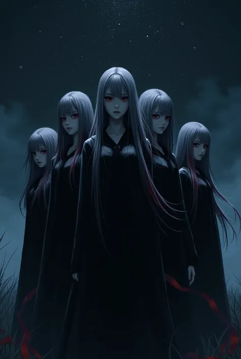 Six girls shadow in dark stars in top and iconic written on top with blood hair straight and tall