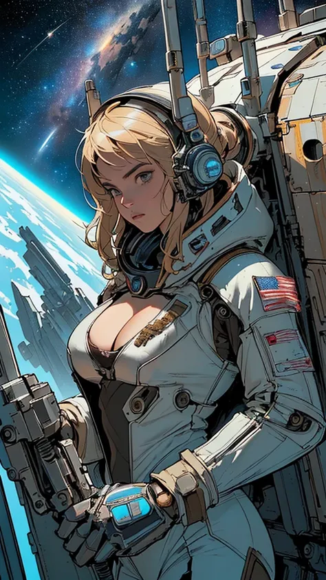 (((master piece,highest quality))),(((solo:1.2))),(((1girl:1.2))),(((space thriller movie poster))),(((cleavage))),((((American comics)))),(((Very talented mechanic))),(((best detailed perfect face))),(((unlimited dynamic angle))),(((highlight))),(((((Spec...