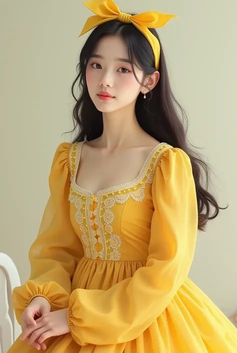 Korean girl with yellow vintage full sleeve dress with hairbow, high quality