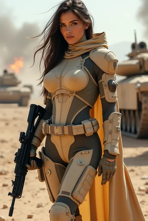 Beautiful woman in a beige Batman outfit, highly detailed, layered intricately designed military armour, Afghan warfare background, carbon fibre and mixed fabric materials, holding machine gun, beige batgirl, beige Batman costume, explosions, debris, warfa...