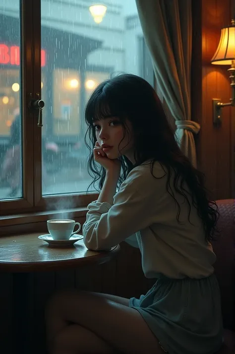 A beautiful girl sitting inside the cafe in heavy rain shes depressed and the pictures should be viewed from outside 