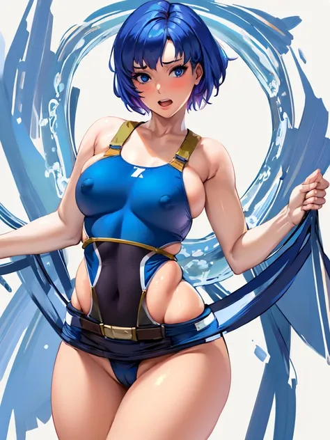  (White background, 1girl:1.4), BREAK,Blue short Hair, blue eyes,Narrow waist,voluptuous Breasts,(one-piece competitive swimwear,one-piece competition swimsuit:1.6), blush,Open your mouth,(covered nipples:1.2)