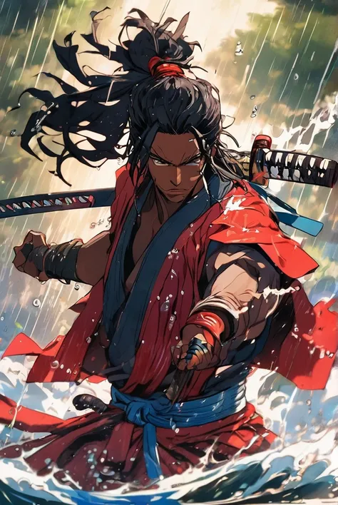 (best qualityer, Ultrathin, Samurai emerging from the water, black male, yasuke, black hair, penteado dread longopele muto escura forcefully water splashing from clothes, a hand holding a Samurai sword, fighting, Evasion, Dodge, realisitic, photo-realisiti...