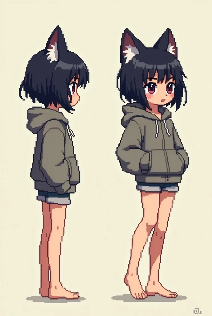 (masterpiece, top quality, best quality, less detail, 8-bit color), pixel,pixel art,1girl,full body, thin girl, idle pose,attack pose, US style, poor jacket, game asset, black hair, cat ears , simple short pant