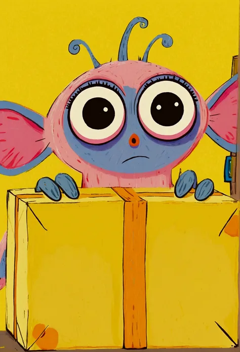 cartoon of a man with a big eye looking over a yellow box, film still from an cartoon, aardman character design, animated film still, animation film still, portrait of a cute monster, inspired by Tomi Ungerer, by Yi Inmun, animation character, big pink eye...