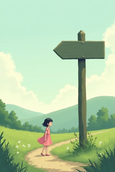 A twelve year old girl wearing a pink dress and has a short hair see an empty sign