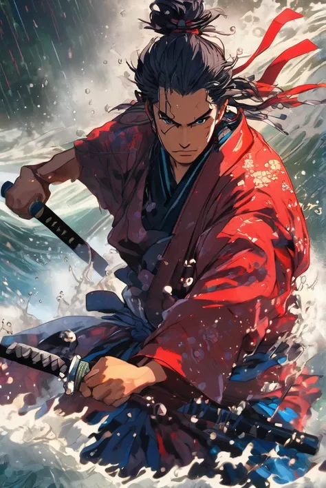 (best qualityer, Ultrathin, Samurai emerging from the water, black male, yasuke, black hair, penteado dread longopele muto escura forcefully water splashing from clothes, a hand holding a Samurai sword, fighting, Evasion, Dodge, realisitic, photo-realisiti...