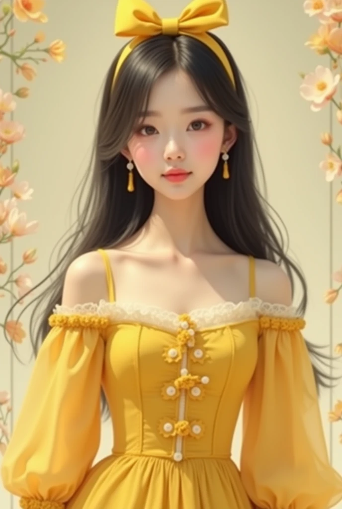 Korean girl with yellow vintage full sleeve dress with hairbow, high quality