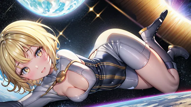 25-years-old black girl. very curvaceous and medium breast. gold eyes. Short hair and bangs in the front.wearing a sexy blue and white superhero jumpsuit with a very low v-neck and a star emblem on the chest. outer space with gold explosions and aura, lyin...