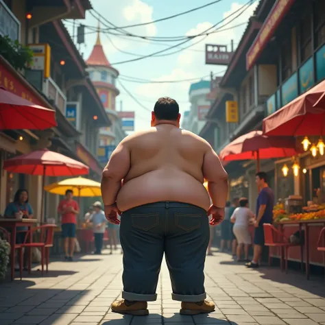 A plump man stands with his back turned on Yaowarat Road.