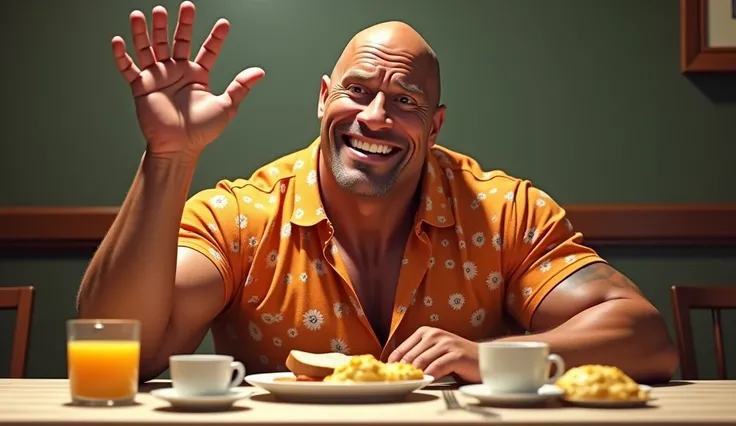 Dwayne Johnson sitting at a dining table having breakfast, wearing an orange floral shirt. His face is covered with exaggerated wrinkles, but his expression is comically goofy, as if hes exhausted yet trying to put on a forced smile. One hand is raised in ...