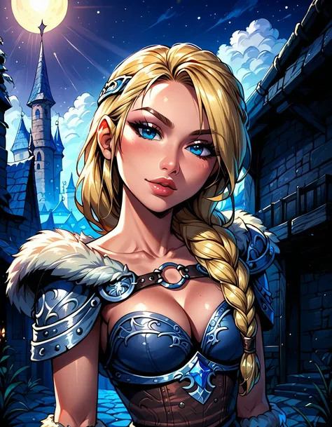 Dark Fantasy Art of score_9, score_8_up, score_7_up, rating_questionable, fantasy, lighting, epiCPhoto 1girl, solo, very sexy (ASTRIDHOFFERSON, blonde hair, braid, Long hair, blue eyes, fur trim, shoulder armor, armor, pauldron:1.2), cleavage, flirt, gaze,...