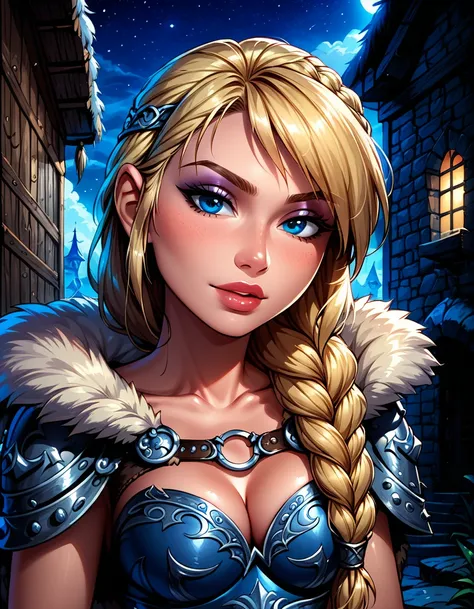 Dark Fantasy Art of score_9, score_8_up, score_7_up, rating_questionable, fantasy, lighting, epiCPhoto 1girl, solo, very sexy (ASTRIDHOFFERSON, blonde hair, braid, Long hair, blue eyes, fur trim, shoulder armor, armor, pauldron:1.2), cleavage, flirt, gaze,...