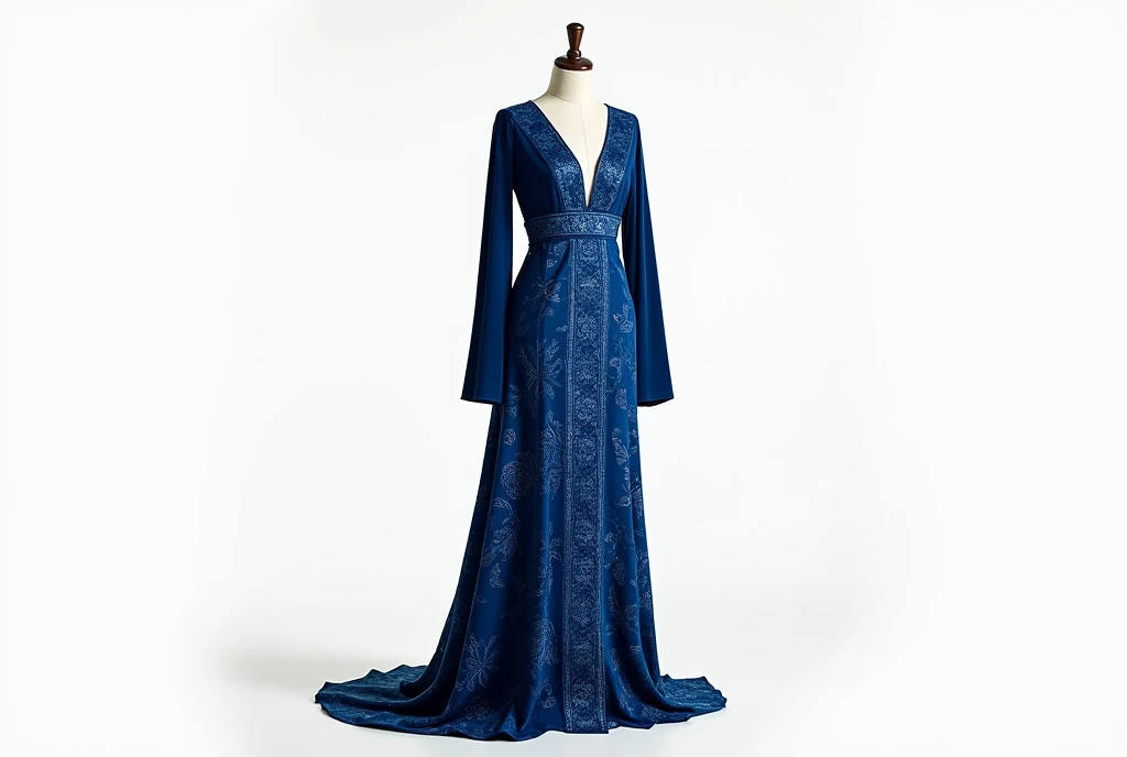 a blue Ravenclaw indonesian batik gown on dummy, white background, product photography