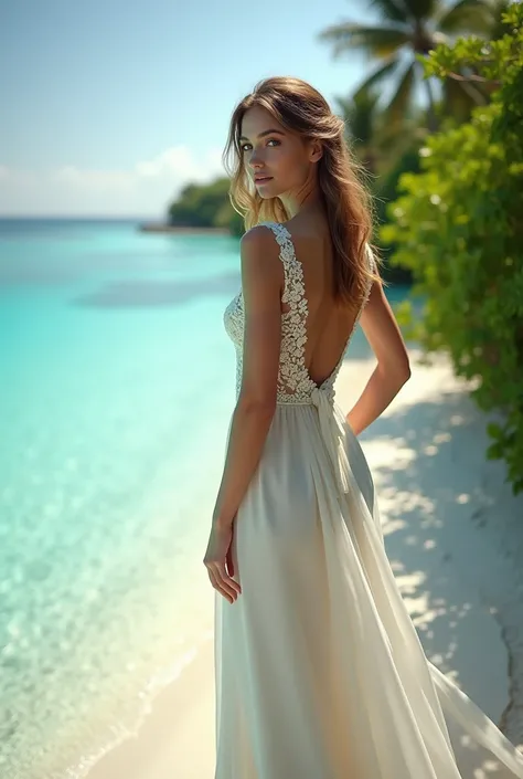 A picture of a beautiful girl with European features in the Maldives, with a wonderful view behind her, wearing a wedding suit