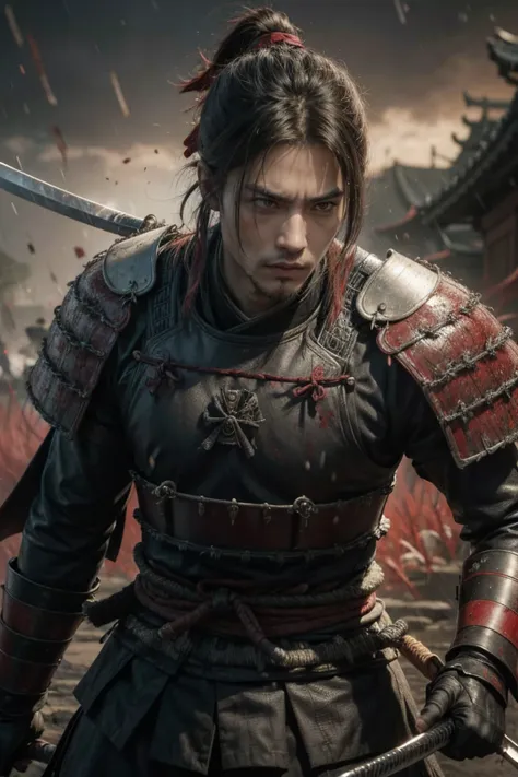 blood rain , samurai with a sword , with humans looking at him