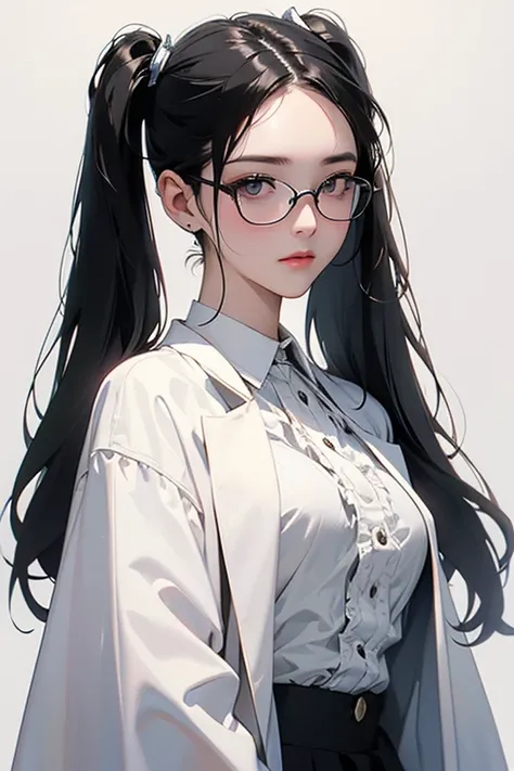 (best quality、high resolution、masterpiece)、(Anime Art 4K)、(Practical)、image、(((whole body)))、1 person、20-year-old female、Pretty Face、 (Delicate and beautiful eyes)、length、Glasses、Black Hair、 ((Short twin tails))、 Beautiful hair、Shiny hair、trimmed hair、Plea...