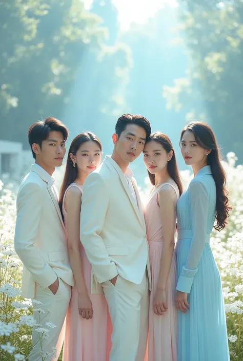 3 men and 4 women K-pop elegant formal wear, white and blue, pink outfits, White flower garden,studio Daylight, editorial style, sophisticated poses, cinematic color grading