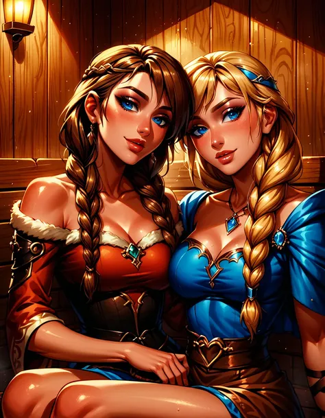 Dark Fantasy Art of score_9, score_8_up, score_7_up, rating_questionable, fantasy, lighting, epiCPhoto, 2girls, duo, couple, yuri, very sexy (ASTRIDHOFFERSON, blonde hair, braid, Long hair, blue eyes:1.2), and (Anna, brown hair, braided pigtails:1.3), flir...