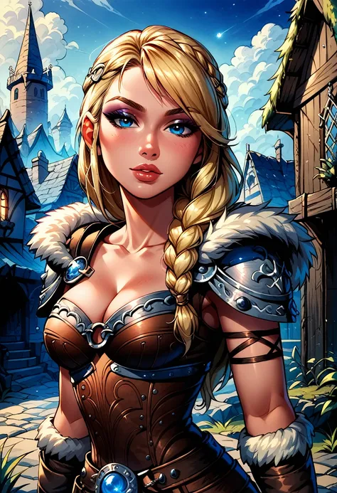 Dark Fantasy Art of score_9, score_8_up, score_7_up, rating_questionable, fantasy, lighting, epiCPhoto 1girl, solo, very sexy (ASTRIDHOFFERSON, blonde hair, braid, Long hair, blue eyes, fur trim, shoulder armor, armor, pauldron:1.2), cleavage, flirt, gaze,...