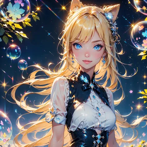 1girl,Perfect Anatomy、(((Highest quality、Masterpiece、Super detailed、Dynamic composition)))、Official Art、Anime Style、Fantasy、Absurd、Mysterious World、Milky white and blue gradient hair、Fluffy white circle hair accessory、Cute  with the best smile in soap bubb...