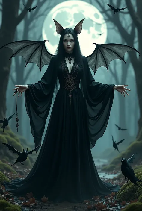 Beautiful bat witch, dressed in black doing a fertility ritual on the full moon, with several pretty witch bats around