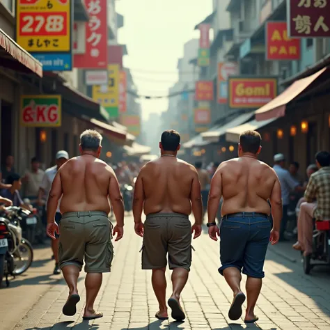 A 3 man weighing about 80 kilograms walks with his back turned in Yaowarat, Thailand.