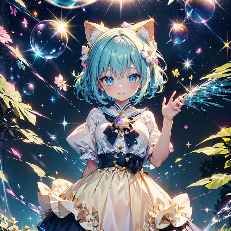 1girl,Perfect Anatomy、(((Highest quality、Masterpiece、Super detailed、Dynamic composition)))、Official Art、Anime Style、Fantasy、Absurd、Mysterious World、Milky white and blue gradient hair、Fluffy white circle hair accessory、Cute  with the best smile in soap bubb...