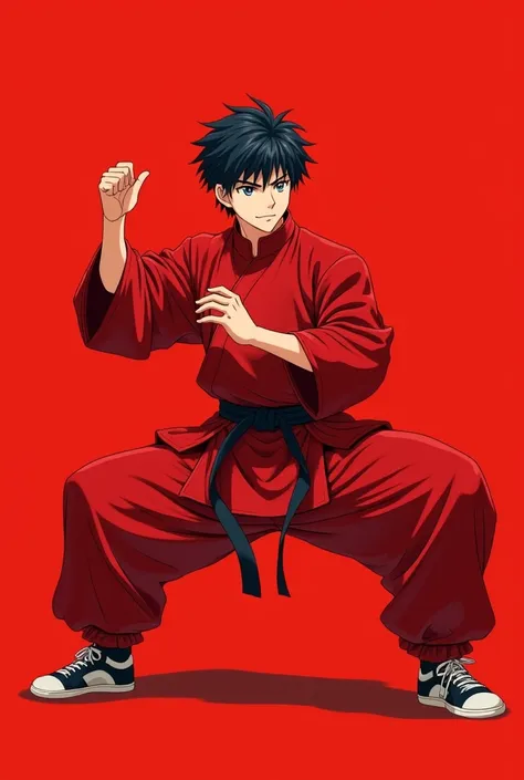 Red ordinary martial arts clothing，Sect，Sect徒弟，Anime man，Anime style，full-body shot，Solid color background，front Photo