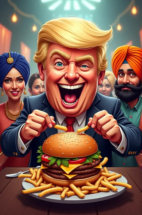 Make a logo for my restraunt in which donald trump is eating burger,nachos with people of punjabs and in background people are doing bhangra and name of the restaurant is "donald da dhaba"