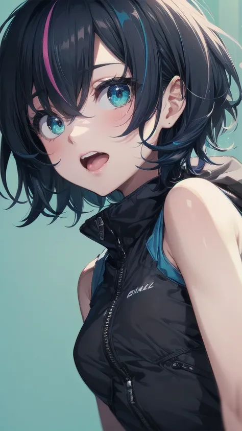 Close-up of a manga girl with blue hair and a yellow shirt, 2D Animation, 2D Animation style, 2D Art, 2D Art, 2D from Gorillaz, 2D from Gorillaz, 2D Gorillaz, Screaming Cerket, 2D Sprite, Jinx Face, short hair, Small breasts, hot pants, ((Black Hair, Inner...