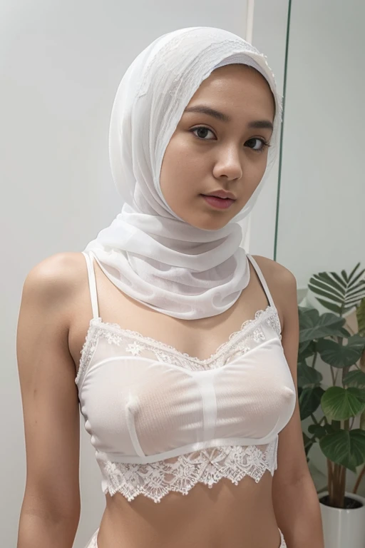 Young sweet beautiful Indonesian girl, twenty years old, slim body, georgeus face, wearing white thin hijab, all her hairs covered by hijab, wearing white very thin full see through lace tanktop, no bra,  wearing white very  thin lace transparent panty, re...