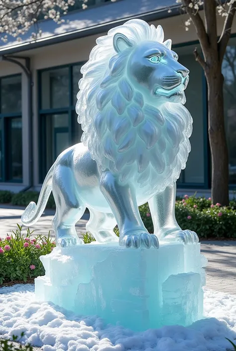 A lion made by ice in a school garden 
