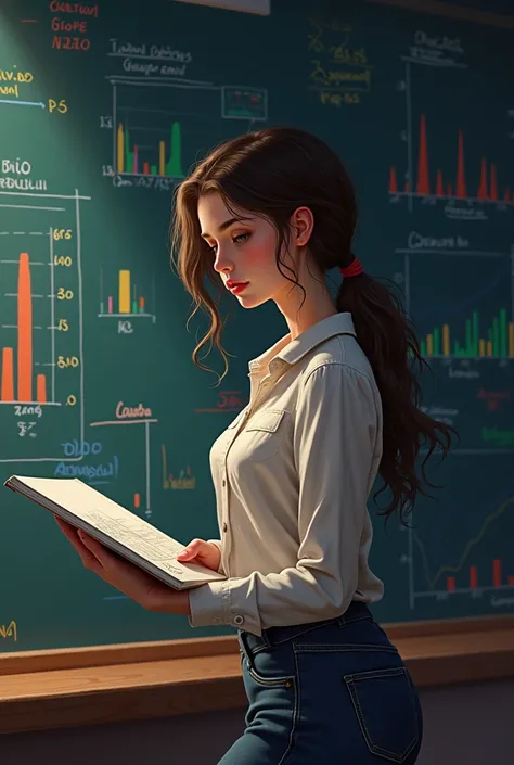 Adult Claudia in a reflective pose in front of a blackboard full of graphs and colors, In your hands a notebook with drawings
