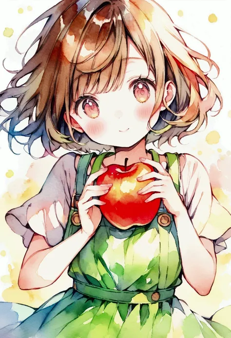  holding an apple　Overall it&#39;s vibrant and cute　Watercolor