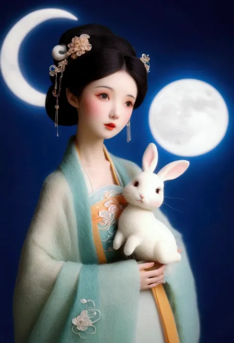 felt style，a stunning chinese beauty dressed in elaborate hanfu attire. the girl hold a white rabbit in her arms. background is ...