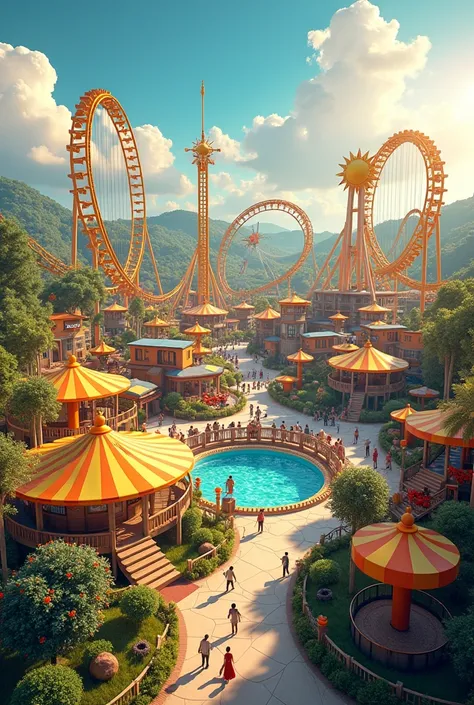 Maka me a solar theme park with rides like a roller couster perfect, now make it look norma, and add bumper cars, anchor away, and a Paris wheel. make it alittle solar themed. add more rides