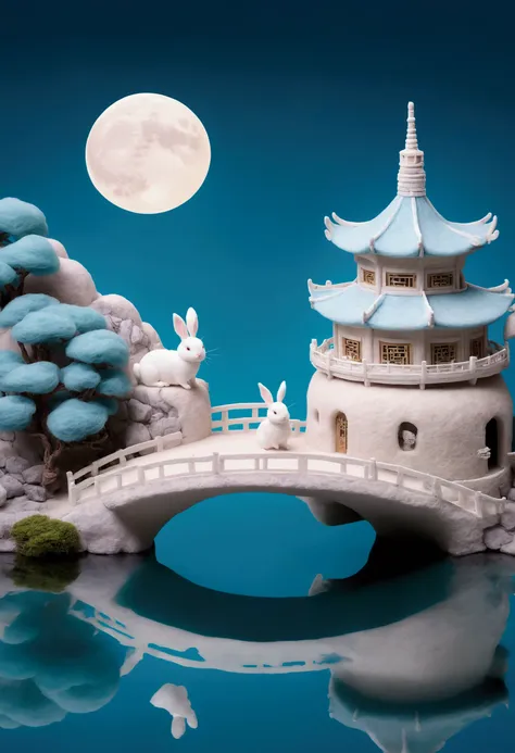 guanghan palace，felt texture，chinese mythology，there are traditional chinese buildings on the round moon，3d cartoon miniature sc...