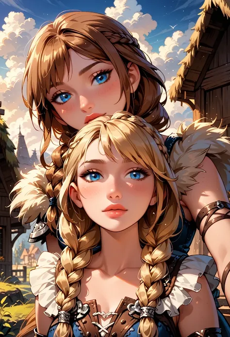 Dark Fantasy Art of score_9, score_8_up, score_7_up, rating_questionable, fantasy, lighting, epiCPhoto, 2girls, duo, couple, yuri, very sexy (ASTRIDHOFFERSON, blonde hair, braid, Long hair, blue eyes:1.2), and (Anna, brown hair, braided pigtails:1.3), flir...