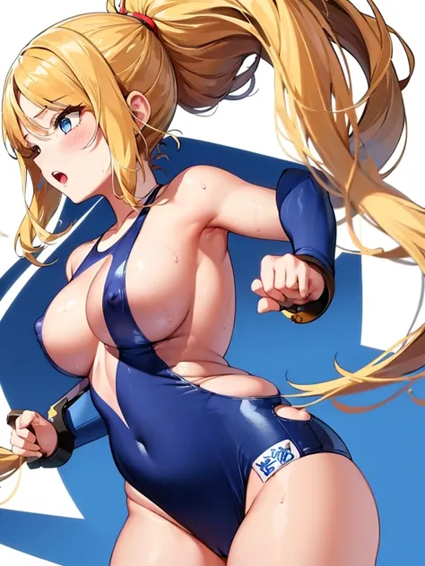  (White background, 1girl:1.4), BREAK,Long blonde ponytail hair, blue eyes,Narrow waist,voluptuous Breasts,(one-piece competitive swimwear,one-piece competition swimsuit:1.6), blush,Open your mouth,(covered nipples:1.2)