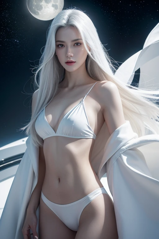 masterpiece, Highest quality, (alone focus), (Perfect Face:1.1), (Attention to detail:1.1), (Ultra-detailed eyes), dramatic, A man with white skin and long, voluminous white hair, White eyes, alone, Long Hair, Sephiroth, moon, night, White luxury suit, Cov...